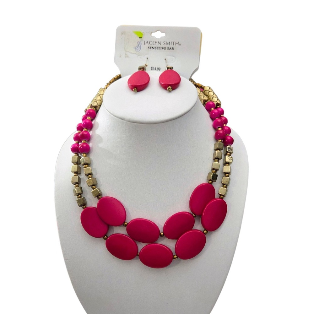 Vintage JACLYN‎ SMITH Necklace Earrings Set Beaded Pink Gold Beads Double Strand